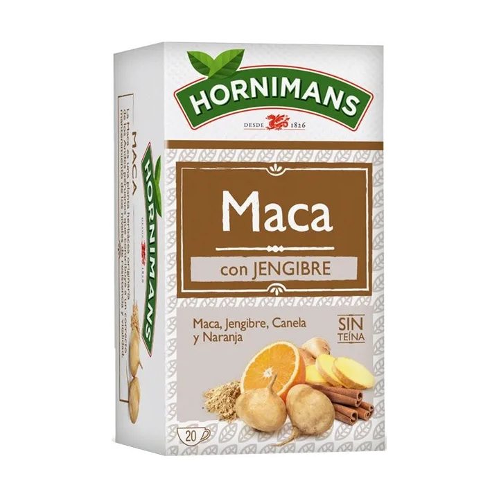Hornimans Infusión de maca, jengibre, canela y naranja sin teína estuche 20 bolsitas