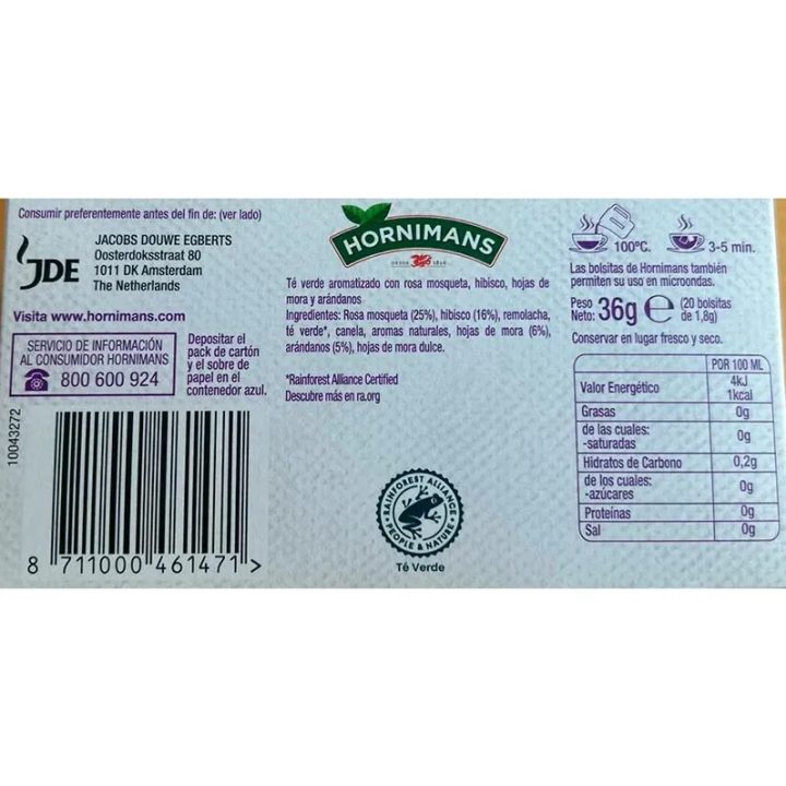 Valor nutricional Infusión de arándanos, hibisco, rosa mosqueta y zarzamora estuche 20 bolsitas