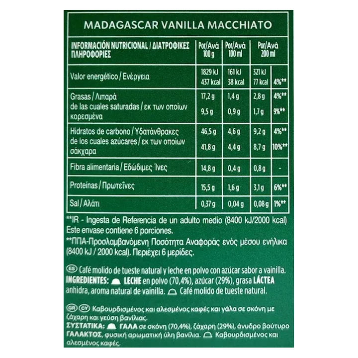 Valor nutricional Macchiato Vainilla Starbucks 12 Cápsulas by NESCAFÉ® Dolce Gusto®