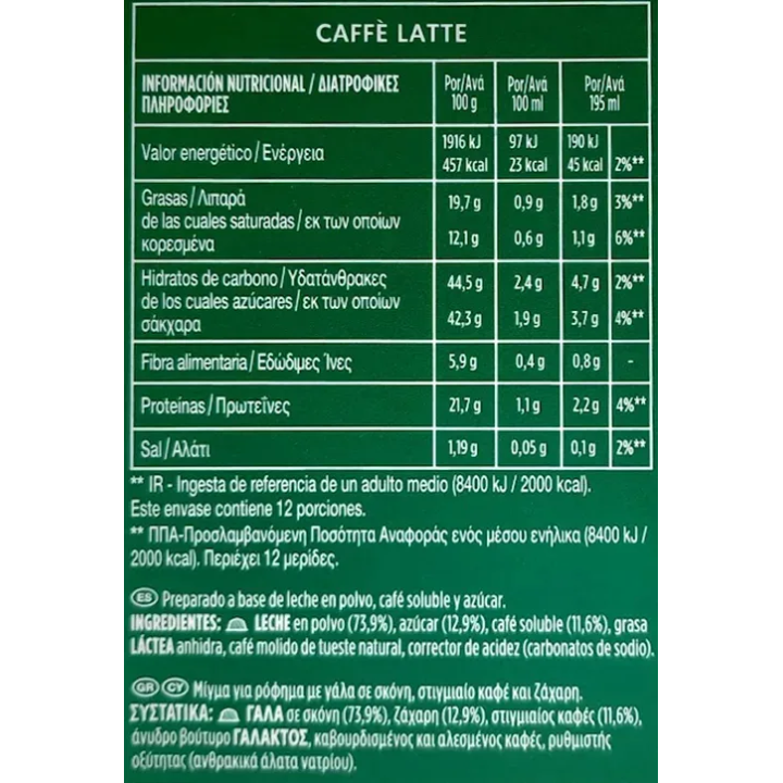 Valor nutricional Caffè Latte Starbucks Dolce Gusto