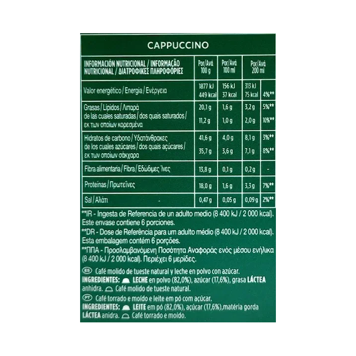 Valor energético Cappuccino Starbucks Dolce Gusto