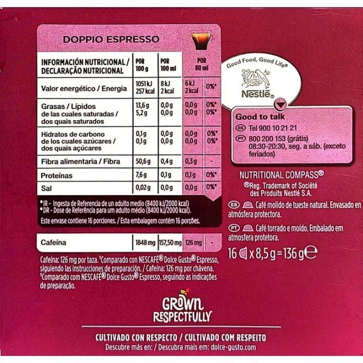 Valor energetico Doppio Espresso Dolce Gusto 3 cajas de 16 unidades Vietnam y Sudamerica