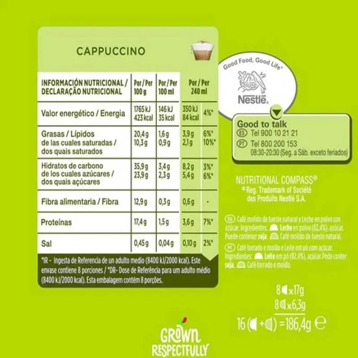 Valor energetico Cappuccino 6 cajas de 16 cápsulas Dolce Gusto