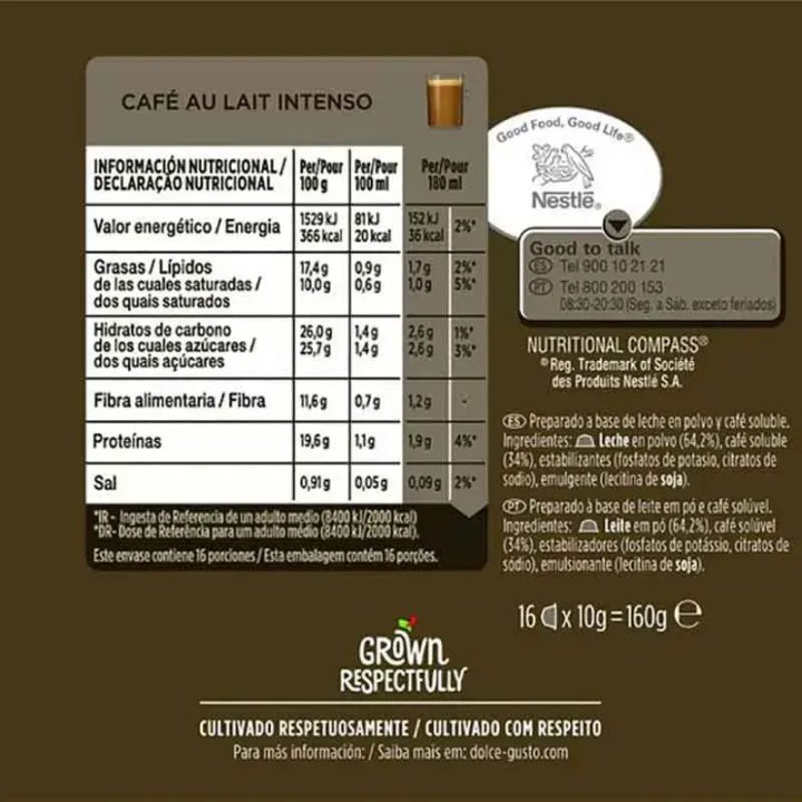 Valor energetico Café con Leche Intenso 6 cajas de 16 cápsulas Dolce Gusto Nescafé