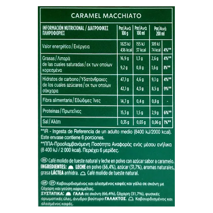 Valor energético Starbucks Caramel Macchiato Dolce Gusto