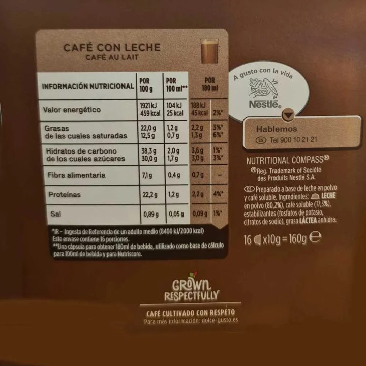 Valor energético Café con leche Dolce Gusto
