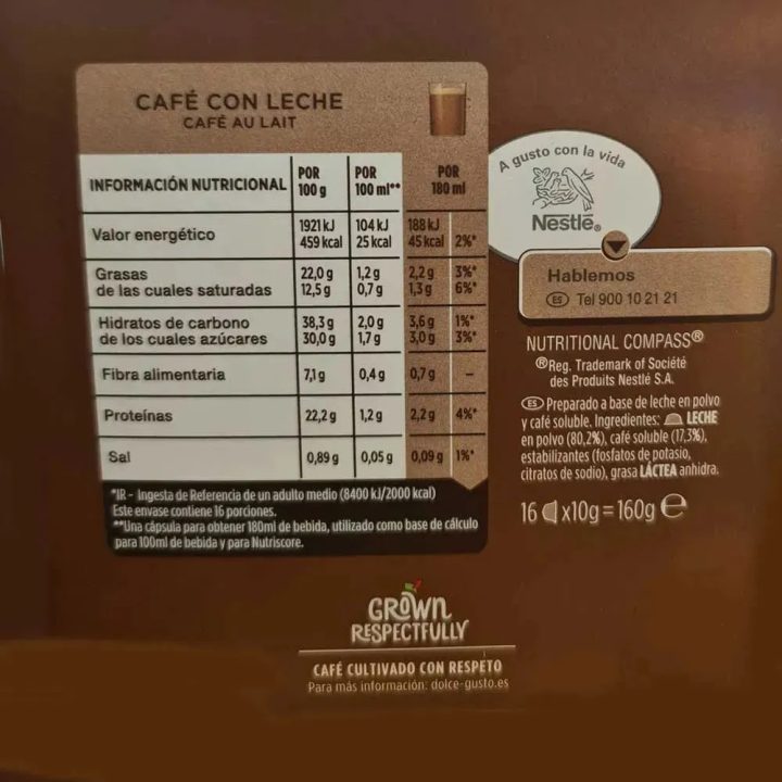Valor energético Café con Leche Dolce Gusto Nescafé