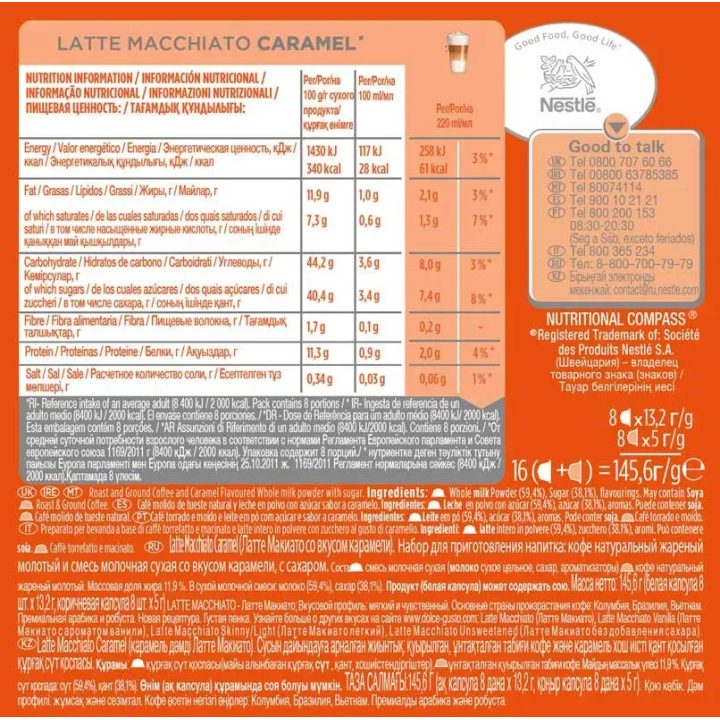 Valor energetico Latte Macchiato Caramel, Dolce Gusto, 8+8 uds