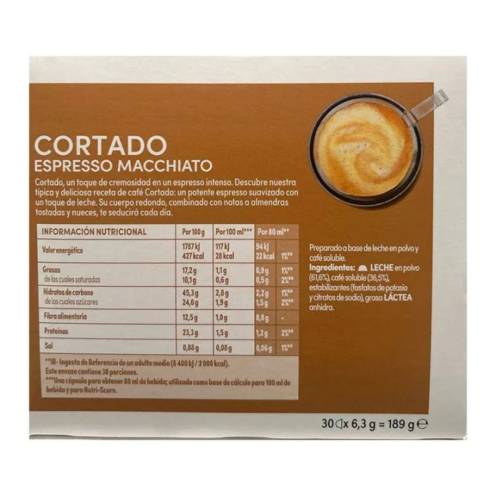 VALOR NUTRICIONAL CORTADO ESPRESSO MACCHIATO DOLCE GUSTO