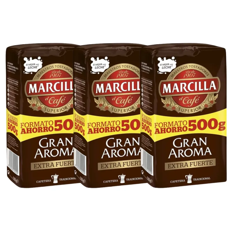 Pack de 3 Marcilla molido Gran Aroma Extra Fuerte, Formato Ahorro 500 gramos Pack de 3 Marcilla molido Gran Aroma Extra Fuerte, Formato Ahorro 500 gramos