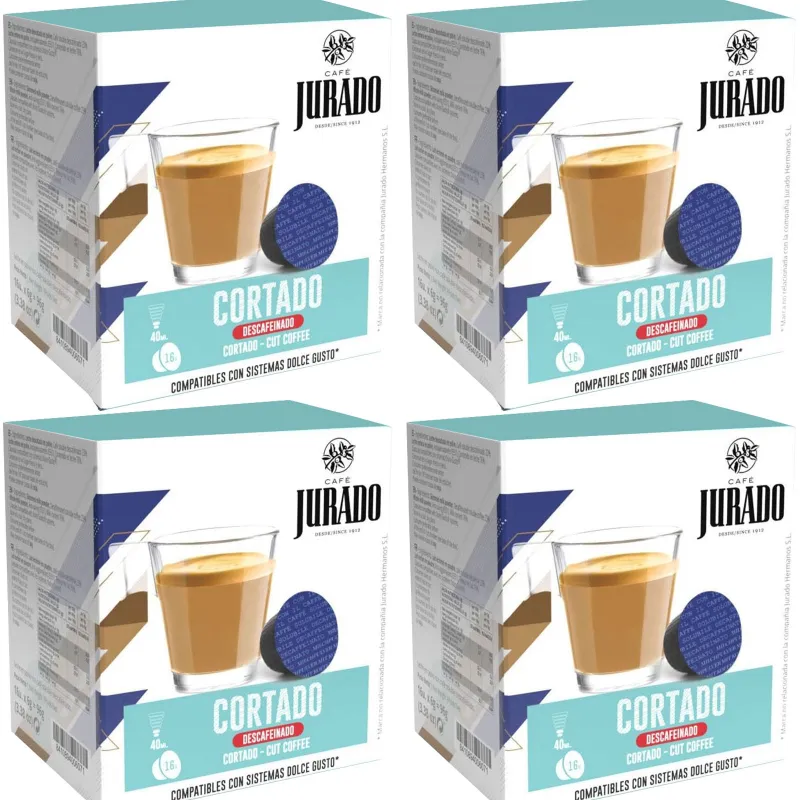 4 cajas Cortado descafeinado café Jurado, 16 cápsulas compatible Dolce Gusto