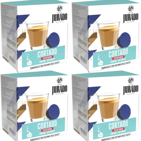 4 cajas Cortado descafeinado café Jurado, 16 cápsulas compatible Dolce Gusto